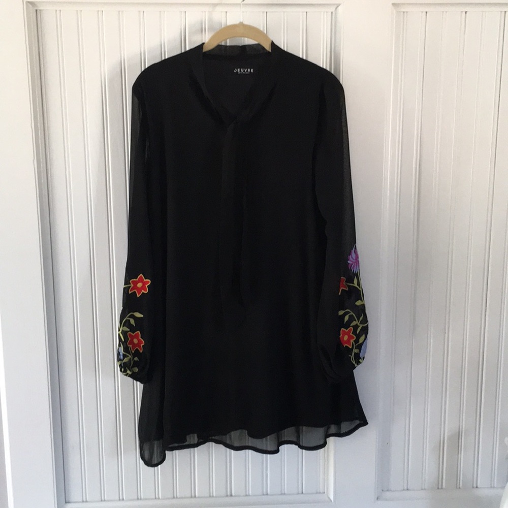 Black dress with floral embroidered sleeves